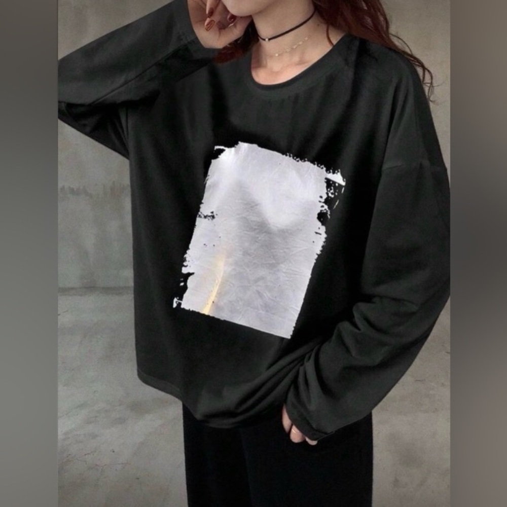 Black Acid Wash Long-Sleeve Foil Sweatshirt | M | Cotton Blend | NWT | Oversized